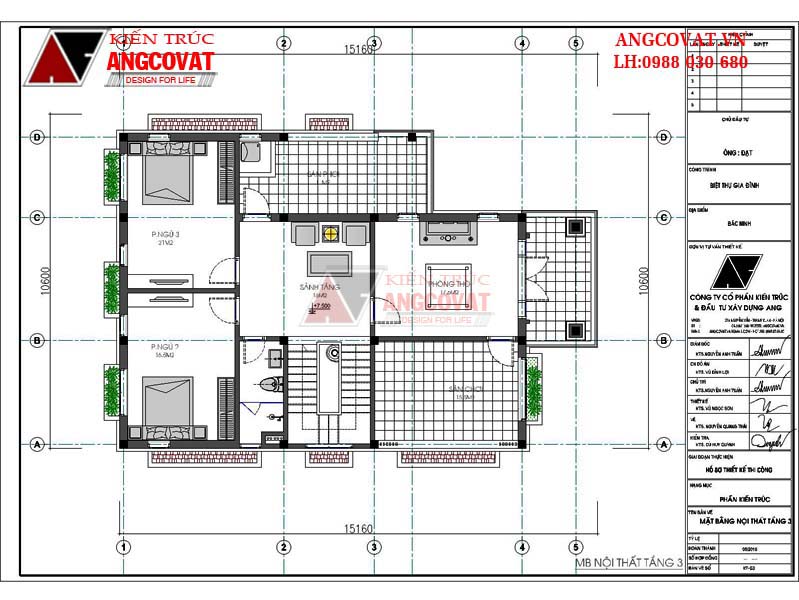 Mặt bằng tầng 3 theo sơ đồ công năng nhà biệt thự 3 tầng mái thái