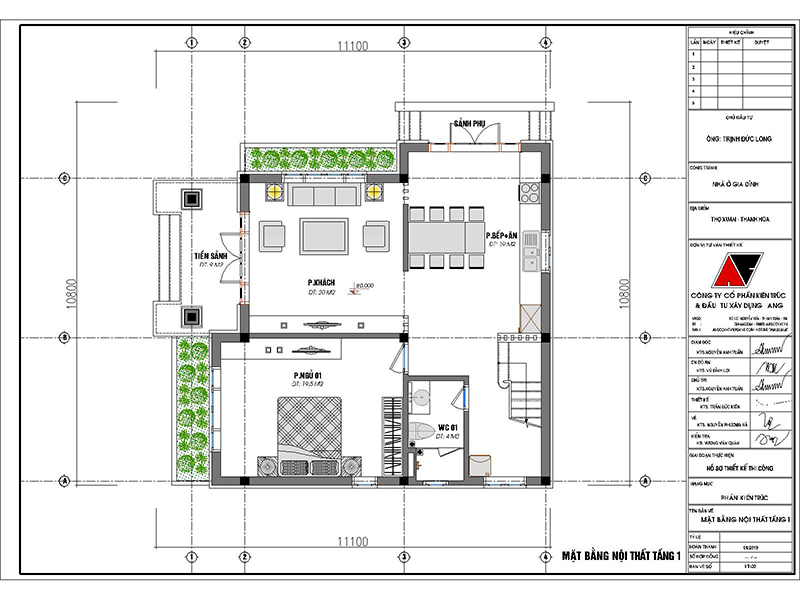 Bản vẽ thiết kế biệt thự mini 2 tầng có tầng 1: Tiền sảnh: 9m2, Phòng khách: 20m2, Phòng bếp ăn: 19m2, Phòng ngủ 1: 19.5m2, WC1: 4m2