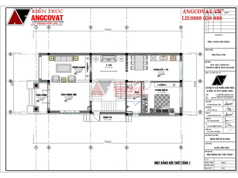 Bản vẽ thiết kế mẫu biệt thự mini có công năng sử dụng tầng 1 gồm: Sảnh chính 5.8m2, Phòng khách 13.6m2, Phòng thờ: 9.5m2, Phòng bếp ăn: 15.3m2, Phòng ngủ 1: 13.2m2, WC1: 5m2