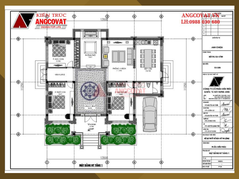 Tầng 1 mẫu nhà 130m2 1 tầng hình vuông đẹp 3 phòng ngủ