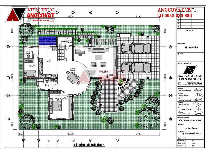 mặt bằng nội thất tầng 1 nhà 2 tầng mái thái 5 phòng ngủ