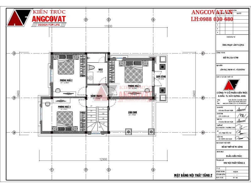 Chi tiết bản vẽ tầng 2 nhà diện tích 90m2 gồm: 2: Sảnh thang 4.5m2, Phòng ngủ 1: 16.5m2, Phòng ngủ 2: 14.5m2, Phòng ngủ 3: 15m2, Sân chơi: 14m2, WC2: 6m2.