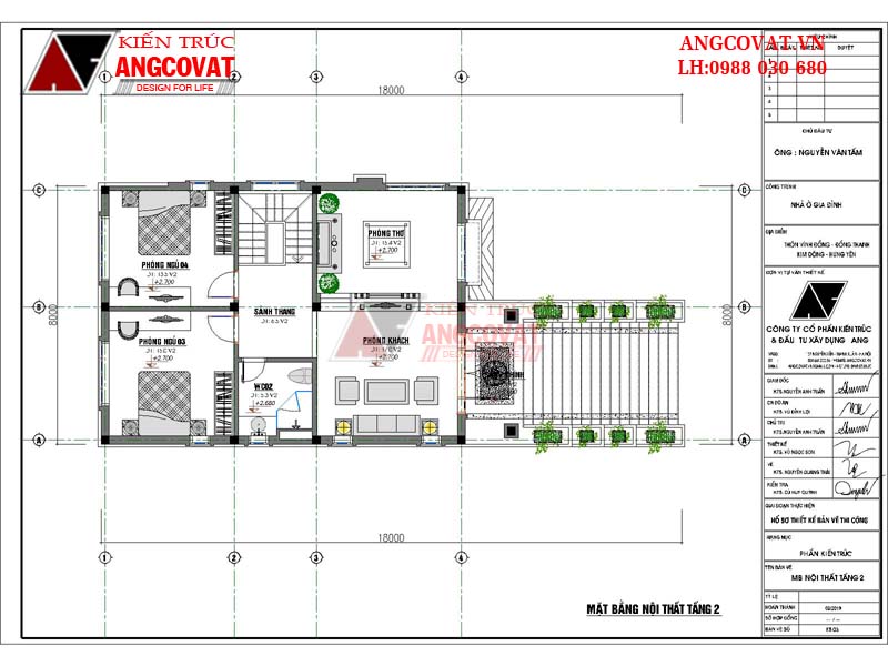 Bản vẽ mặt bằng tầng 2 gồm: Sảnh thang 6.5m2, Wc: 5,3m2, Phòng thờ; 15.4m2, Phòng khách: 17m2, sảnh chính 7.9m2, Phòng ngủ 4: 13.5m2, Phòng ngủ 3: 15m2