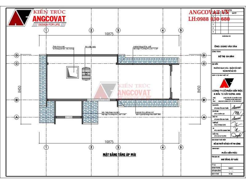 Mặt bằng tầng áp mái mẫu nhà phố 3 tầng 8x15m