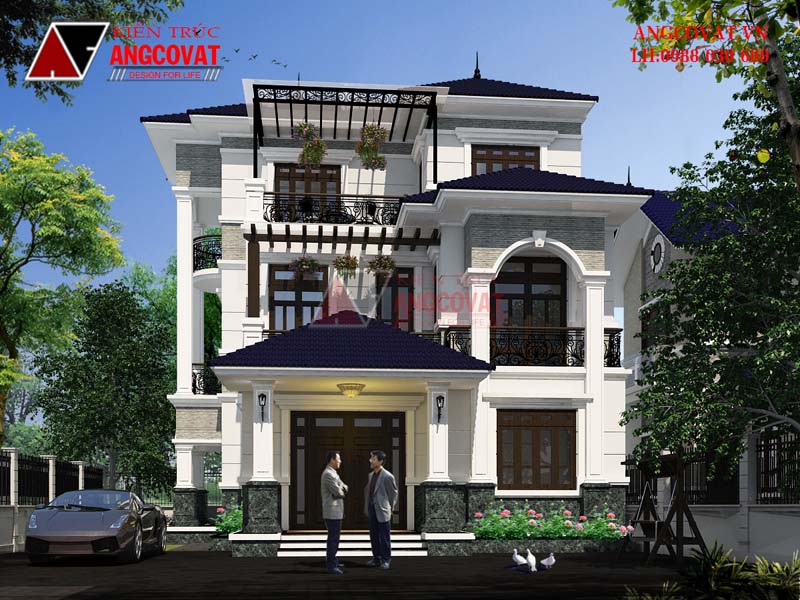 Thiết kế nhà biệt thự 3 tầng có sân thượng sở hữu 2 mặt tiền vô cùng bề thế