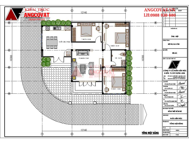 Thiết kế kiến trúc nhà mặt tiền 12m 1 tầng 600 triệu diện tích 100m2 - Tổng mặt bằng