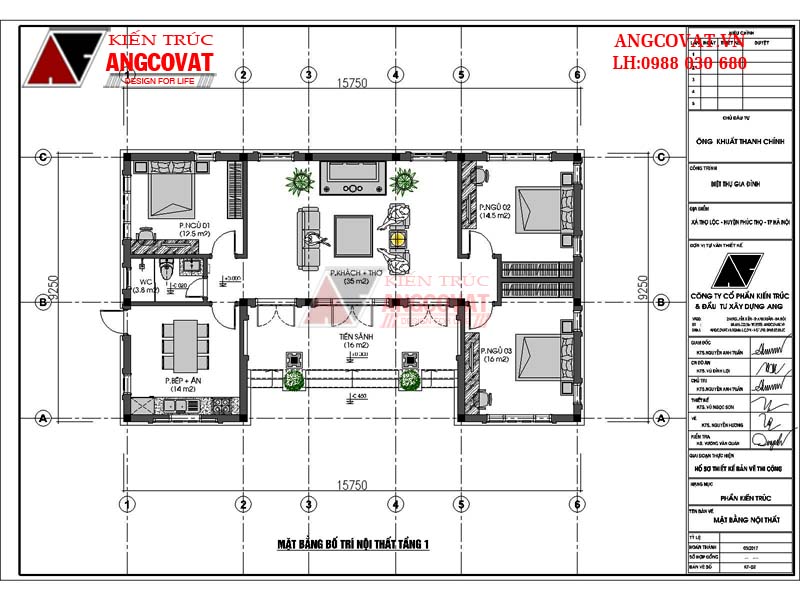 Mẫu thiết kế biệt thự 1 tầng 120m2 3 phòng ngủ chữ U- Mặt bằng tầng 1