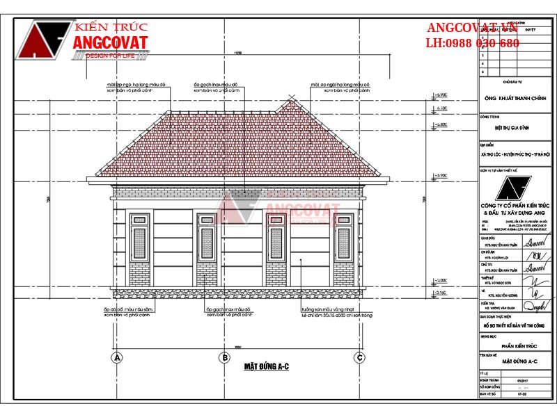 Mẫu thiết kế biệt thự 1 tầng 120m2 3 phòng ngủ chữ U - Mặt đứng A-C