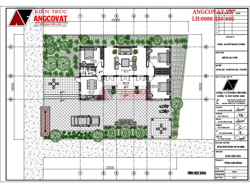 Mẫu thiết kế biệt thự 1 tầng 120m2 3 phòng ngủ - Tổng mặt bằng