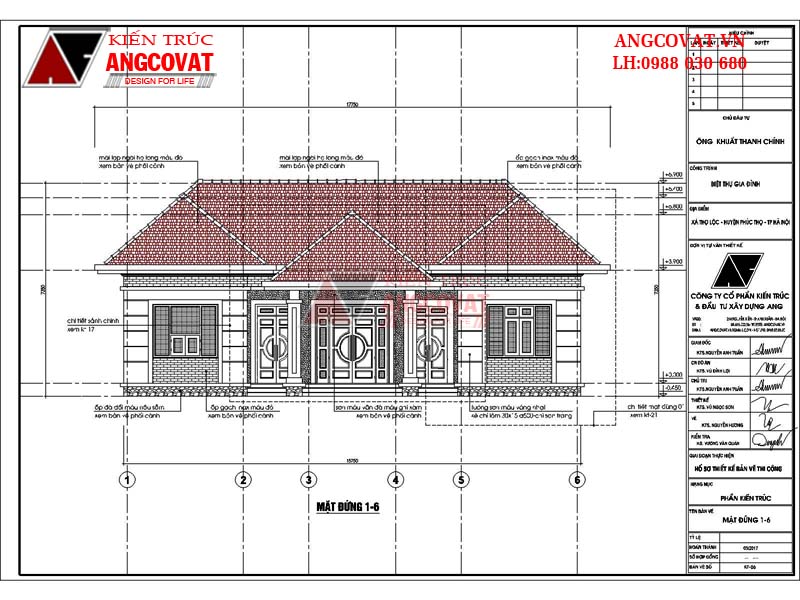 Mẫu thiết kế biệt thự 1 tầng 120m2 hình chữ U - Mặt đứng 1-6