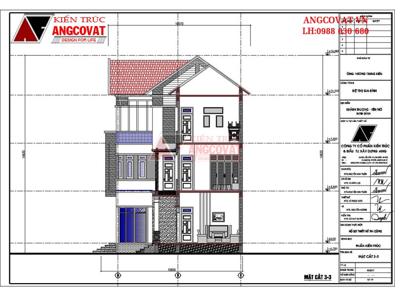 Mặt đứng 3-3 mẫu nhà chữ L 3 tầng đẹp