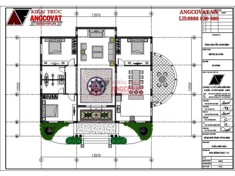 Thiết kế mẫu nhà mặt tiền 14m diện tích 180m2 tân cổ điển - Mặt bằng tầng 1