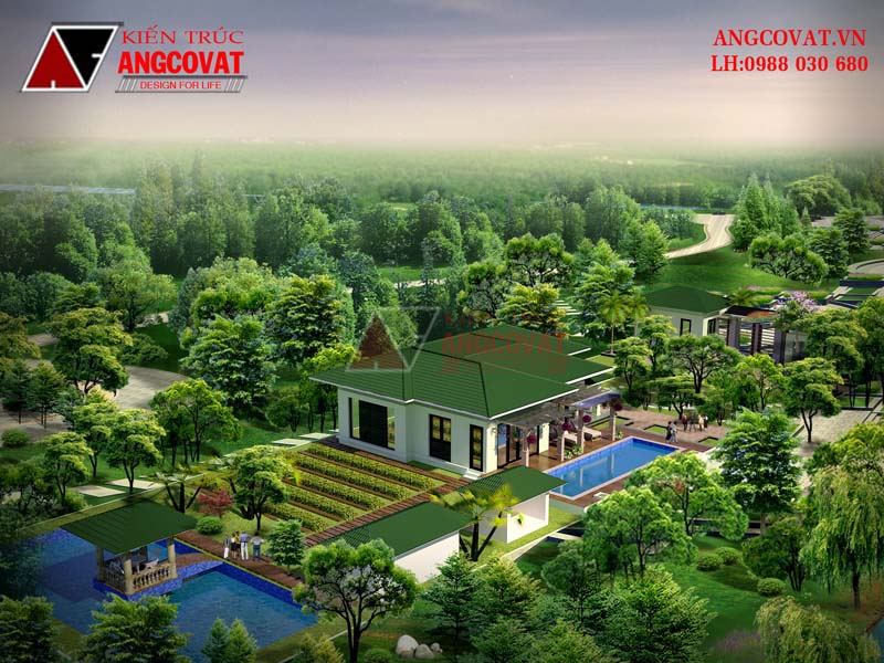 View 4: Thiết kế mẫu nhà 1 tầng có bể bơi diện tích 140m2 mái thái 3 phòng ngủ