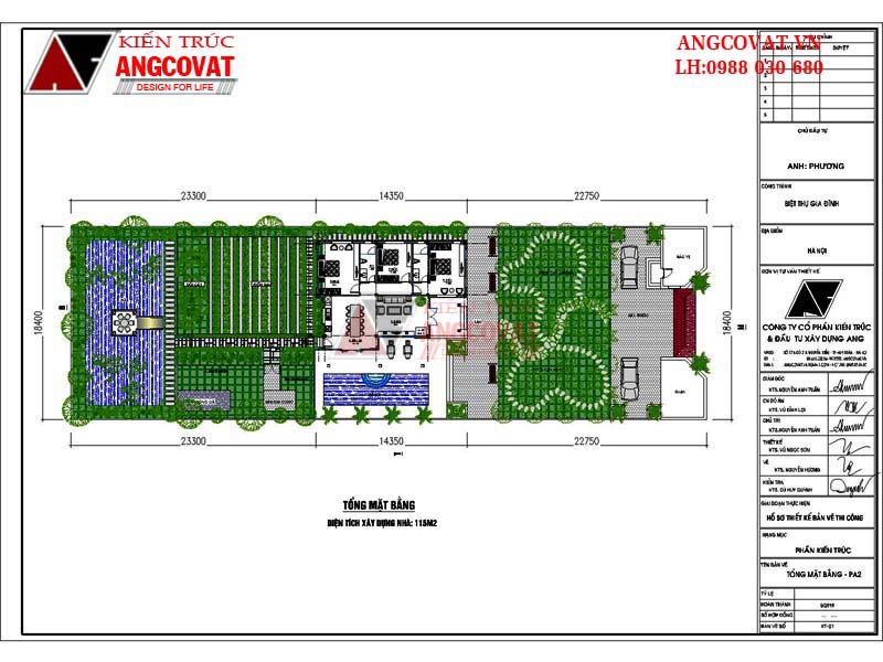 Thiết kế mẫu nhà 1 tầng có bể bơi diện tích 140m2 mái thái - Tổng mặt bằng