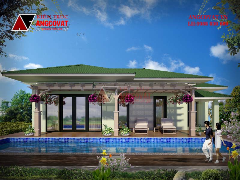 View 3: Thiết kế mẫu nhà 1 tầng có bể bơi diện tích 140m2 mái thái hiện đại