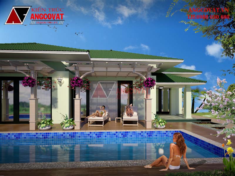 View 2: Thiết kế mẫu nhà 1 tầng có bể bơi diện tích 140m2 mái thái đẹp