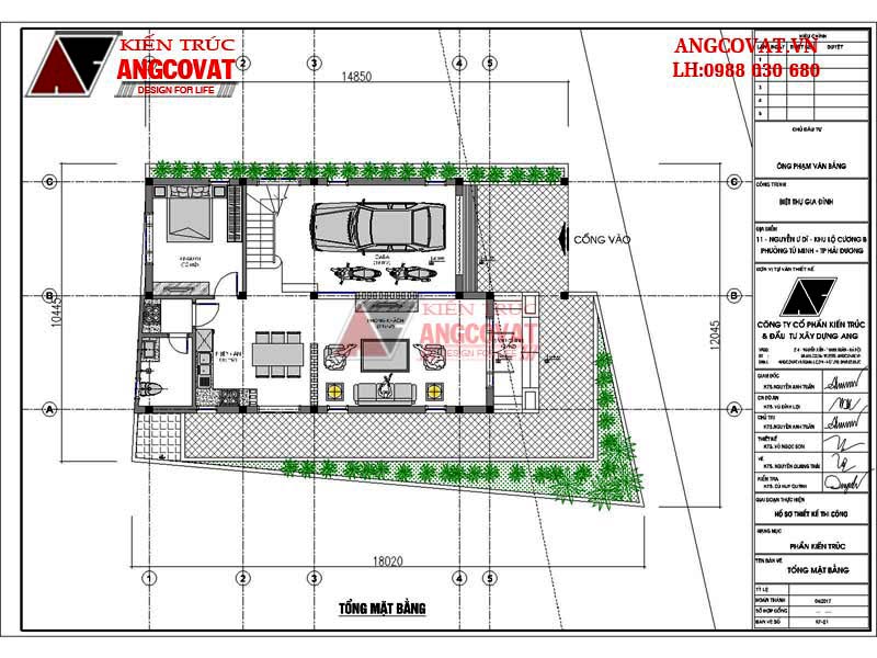 Bản vẽ mặt bằng mẫu thiết kế nhà 2 tầng có gara mái thái