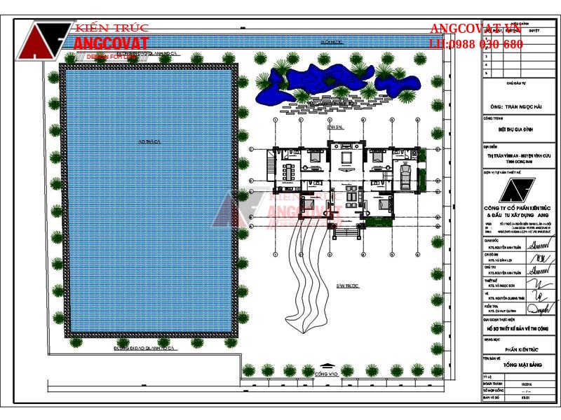 Thiết kế nhà 250m2 1 tầng có tầng hầm tân cổ điển mặt tiền 23m - Tổng mặt bằng