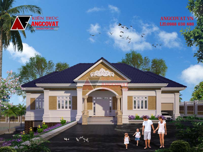 Phối cảnh 3: Thiết kế nhà 250m2 1 tầng có tầng hầm tân cổ điển mặt tiền 23m