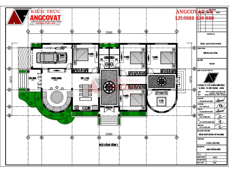 Thiết kế nhà biệt thự 200m2 1 tầng mái thái 4 phòng ngủ mặt tiền 10m kiểu Âu - Mặt bằng tầng 1