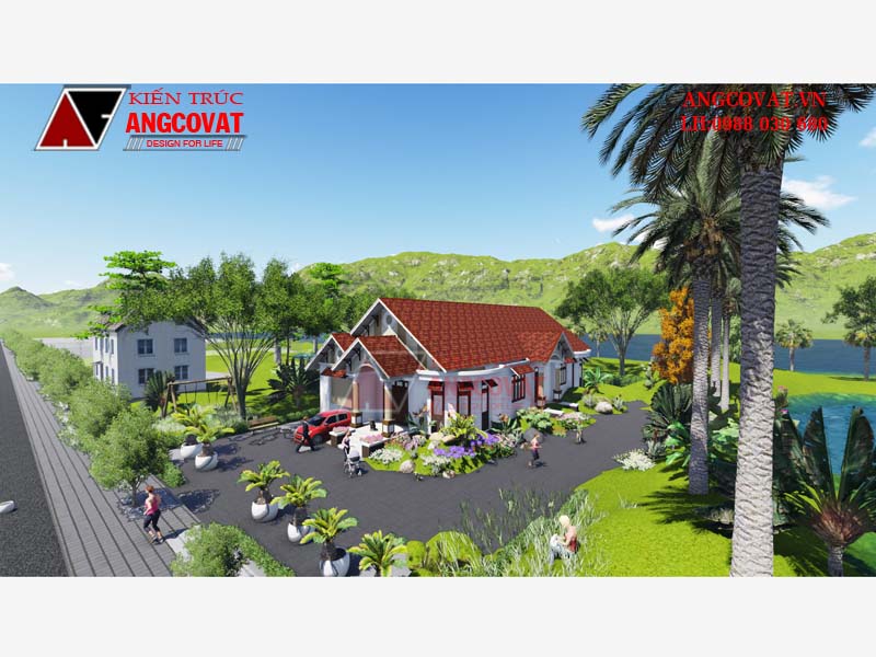 Phối cảnh view 4: Thiết kế nhà biệt thự 200m2 1 tầng mái thái 4 phòng ngủ mặt tiền 10m kiểu Âu