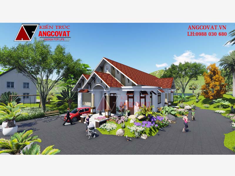 Phối cảnh view 3: Thiết kế nhà biệt thự 200m2 1 tầng mái thái 4 phòng ngủ mặt tiền 10m