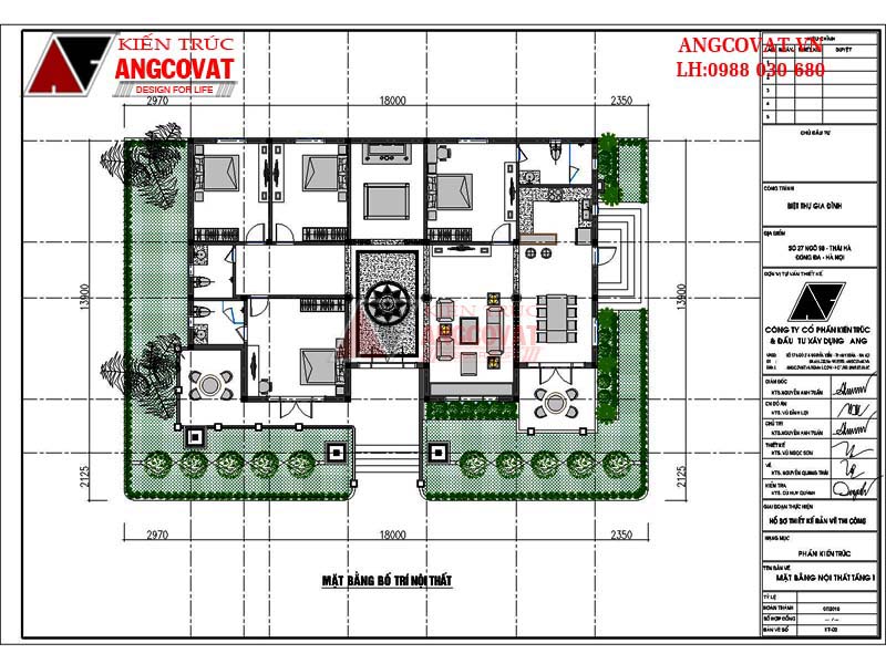 Mẫu thiết kế nhà đẹp 1 tầng 200m2 mặt tiền 18m mái thái - Mặt bằng nội thất
