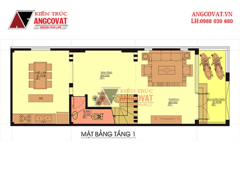 Mặt bằng nội thất tầng 1 của bản thiết kế nhà phố 3 tầng hiện đại