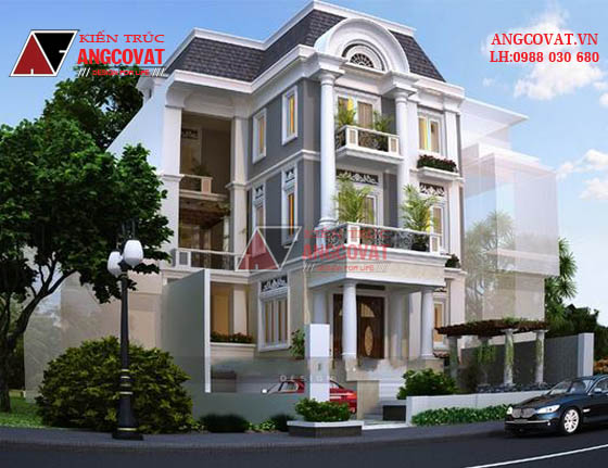 Thiết kế nhà mái marsand 3 tầng phong cách tân cổ điển mặt tiền 10m