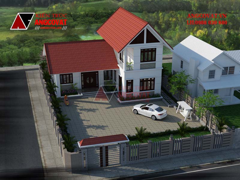 Phối cảnh 2: Thiết kế nhà mặt tiền 13m 1 tầng mái thái đẹp