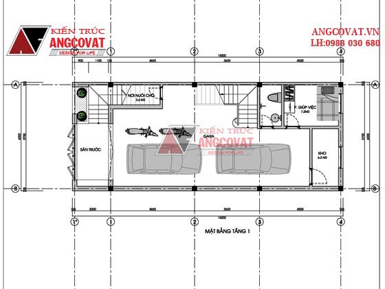 Mặt bằng tầng 1 nhà ống 4 tầng