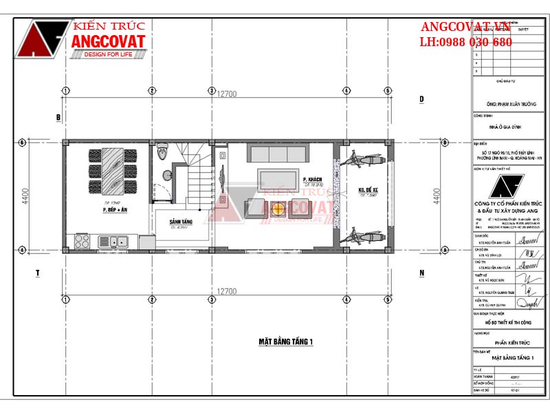 Mặt bằng tầng 1: Bản vẽ thiết kế nhà phố 4 tầng