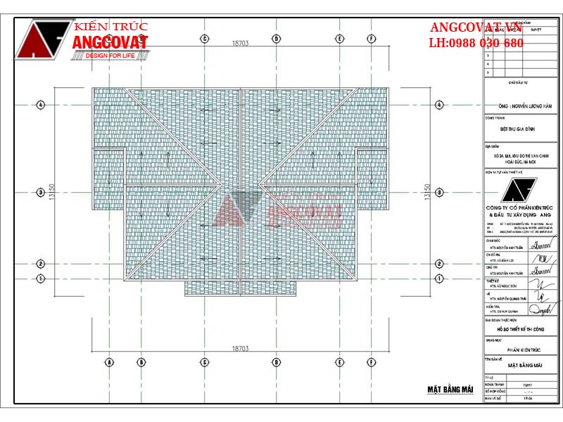 Thiết kế nhà vườn 1 tầng diện tích 160m2 2 phòng ngủ mái thái mặt tiền 17m - Mặt bằng mái