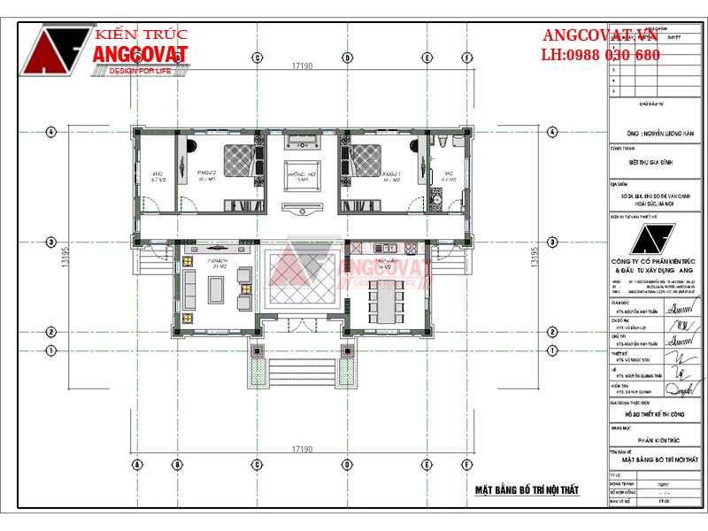 Thiết kế nhà vườn 1 tầng diện tích 160m2 2 phòng ngủ mái thái mặt tiền 17m - Mặt bằng tầng 1