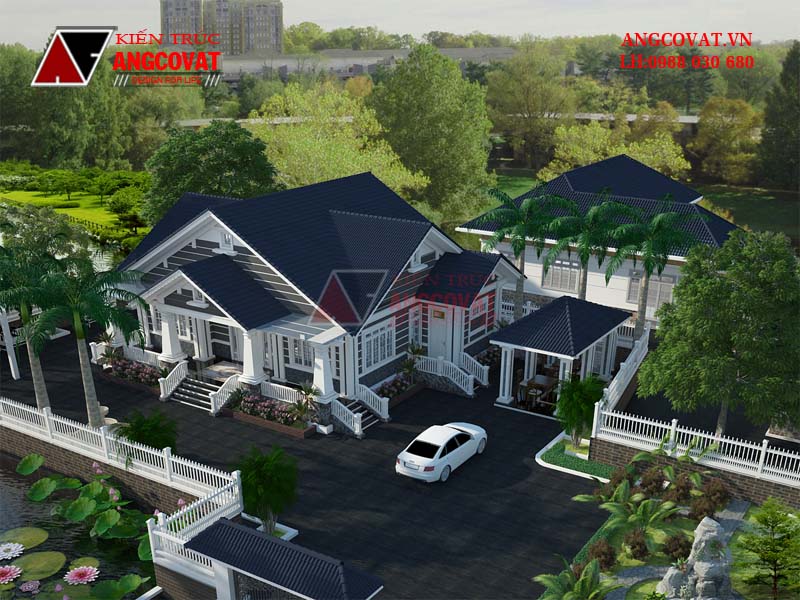 Phối cảnh 3: Thiết kế nhà vườn 1 tầng diện tích 160m2 2 phòng ngủ mái thái mặt tiền 17m