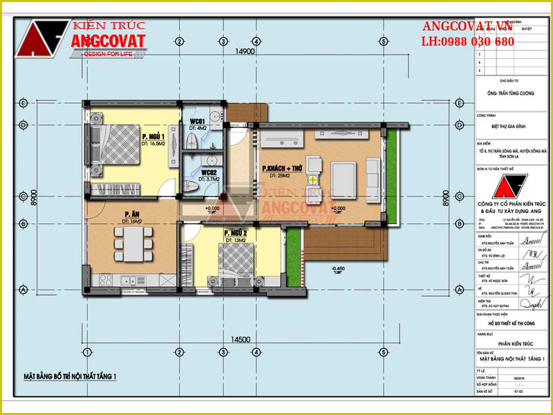 Thiết kế nội thất tầng 1 nhà mái bằng 1 tầng có 2 phòng ngủ 110m2