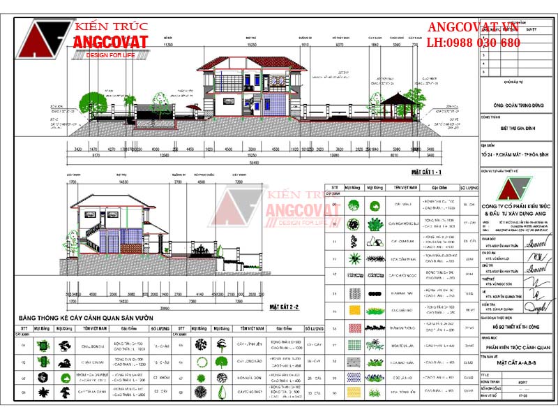 Bảng thống kê cây trong cảnh quan sân vườn trong bản vẽ 3d biệt thự 2 tầng mái thái