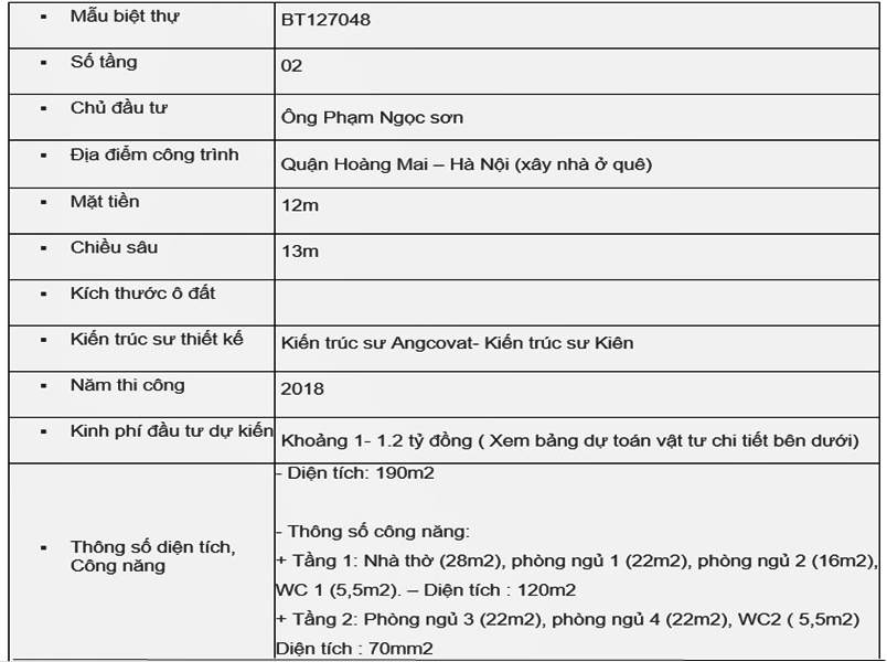 Bảng thông số cơ bản của mẫu nhà thờ kết hợp nhà ở 2 tầng
