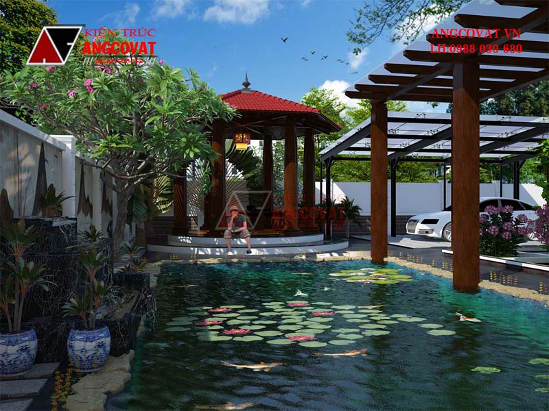 Bản vẽ 3d biệt thự 2 tầng mái thái với tiểu cảnh hồ sen và nhà chòi yên bình