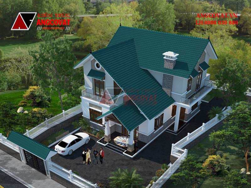 Phối cảnh 1 kiểu nhà mái thái 1 trệt 1 lầu đơn giản