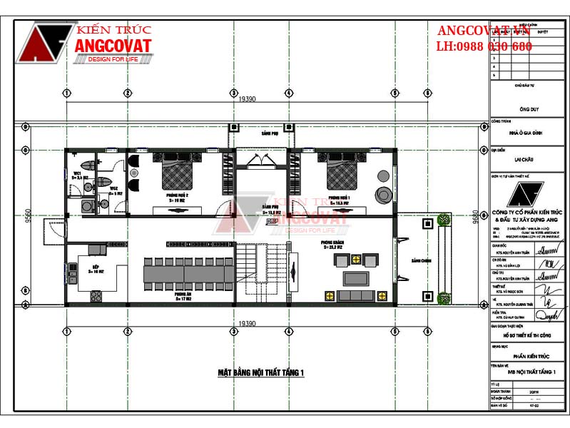 Thiết kế mặt bằng công năng nhà ở Lai Châu gồm: 2 phòng ngủ, 1 phòng khách, 1 phòng bếp, 2 phòng vệ sinh.