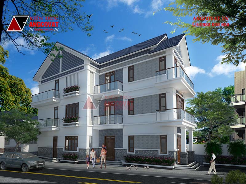 phối màu sắc xây nhà 3 tầng trên mảnh đất hình thang