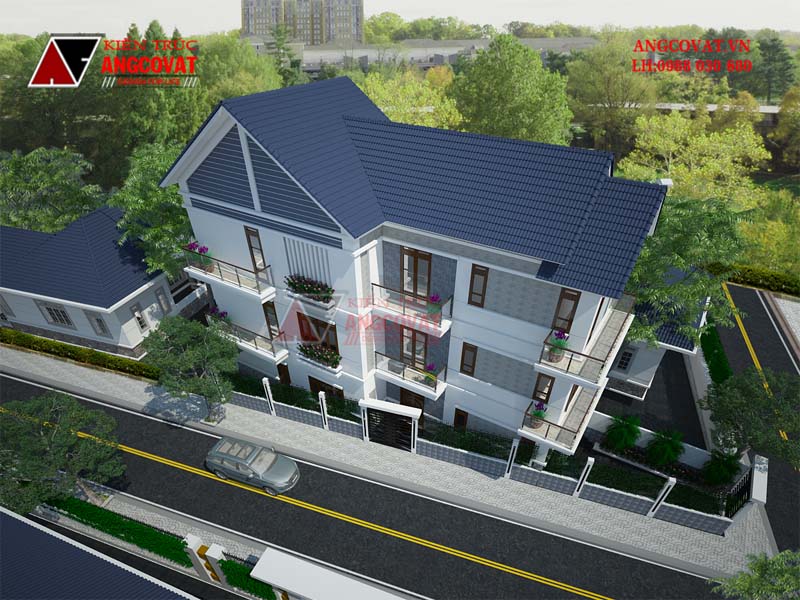 hình ảnh mái ngói thiết kế xây nhà 3 tầng trên mảnh đất hình thang