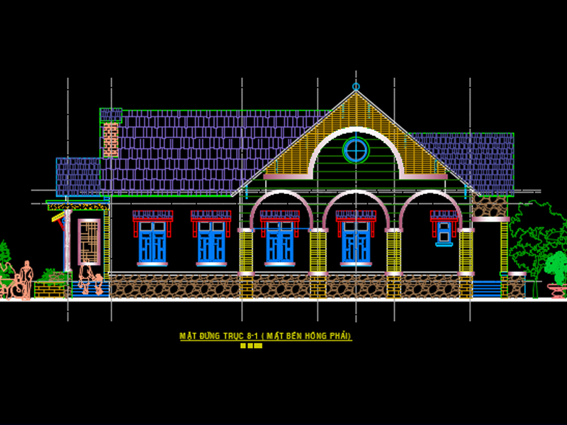 Cách xin bản vẽ cad nhà cấp 4 đẹp mê ly kết hợp mái thái - Mặt đứng