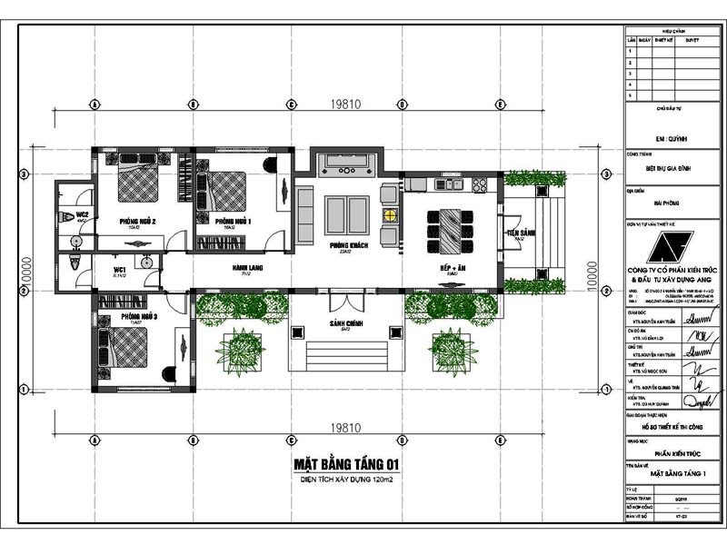 Bản vẽ chi tiết nhà cấp 4 120m2 hình chữ L mặt tiền 10m 800 triệu - Mặt bằng tầng 1