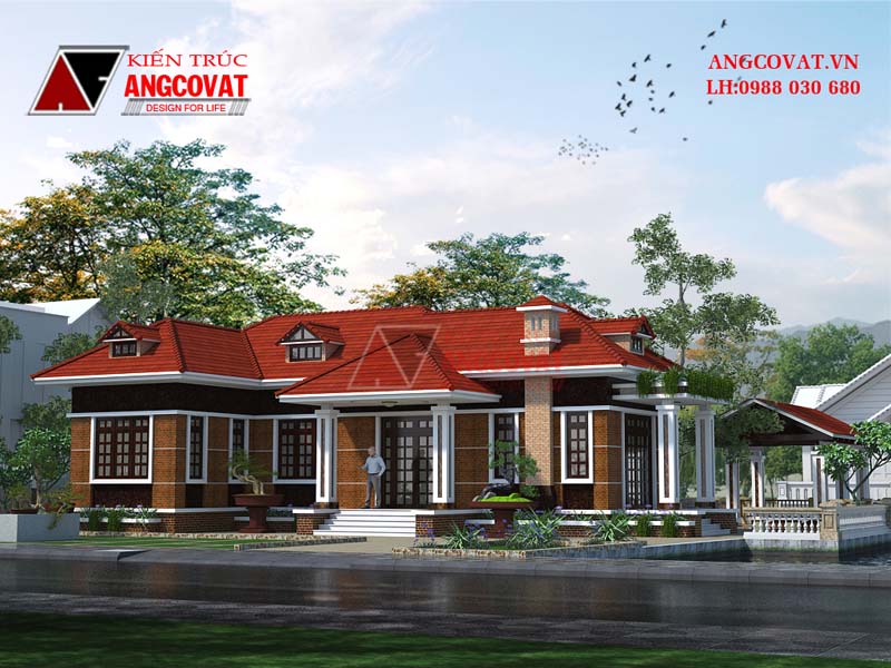 Phối cảnh 1: Bản vẽ chi tiết nhà cấp 4 120m2 hình chữ L mặt tiền 10m