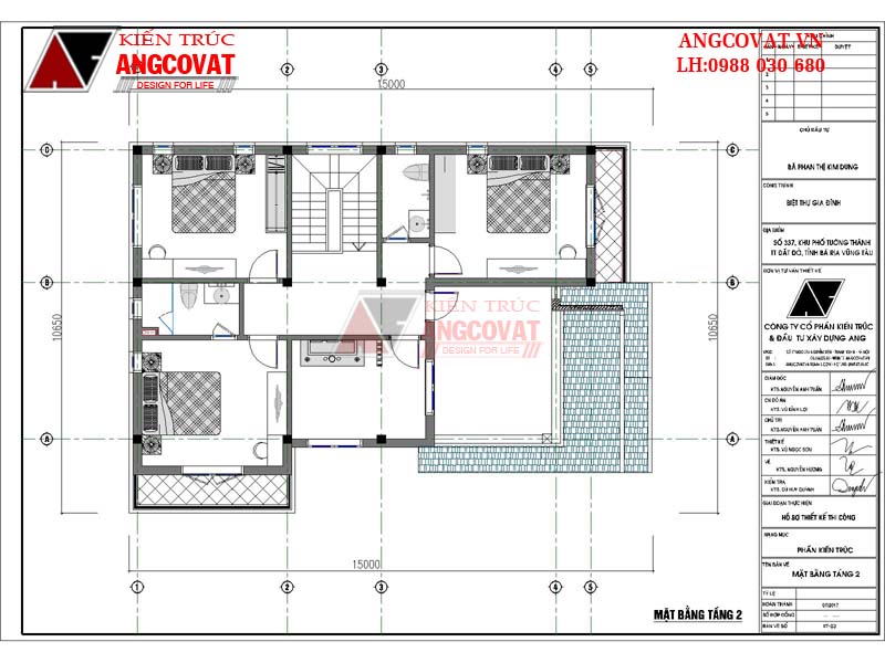 Bản vẽ kiến trúc nhà 10x15m diện tích 120m2 3 phòng ngủ mái ngói thái đẹp - Mặt bằng tầng 2