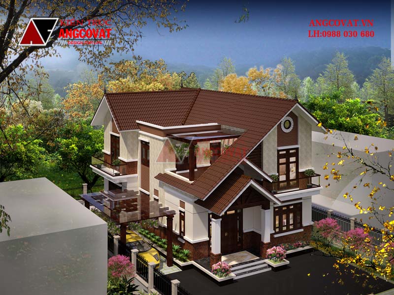 Phối cảnh view 4: Bản vẽ kiến trúc nhà 10x15m diện tích 120m2 3 phòng ngủ mái ngói thái đẹp