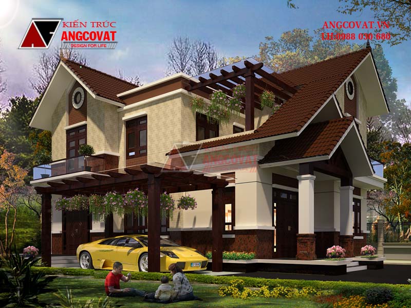 Phối cảnh view 3: Bản vẽ kiến trúc nhà 10x15m diện tích 120m2 3 phòng ngủ mái ngói thái