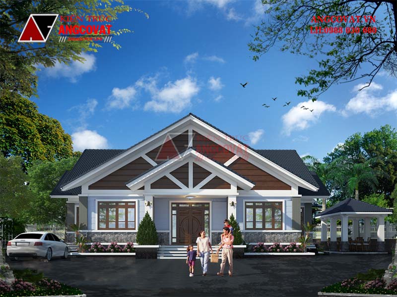 Phối cảnh 2: Bản vẽ nhà trệt 2 phòng ngủ diện tích 160m2 mái thái